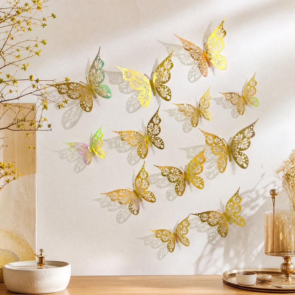 Butterfly Wall Stickers 12 Pack, 3D Hollow Design, Party Decoration for Home Bedroom, 2 Styles