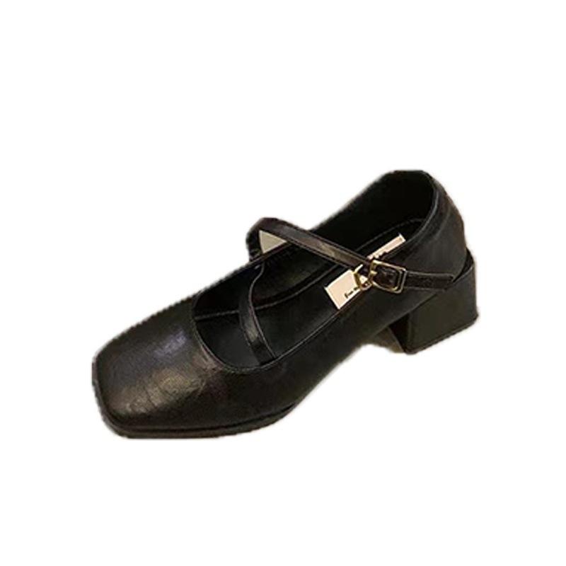 Square head, light mouth, thick heel, high-end wear, autumn new small leather shoes, retro Mary Jane shoes for women