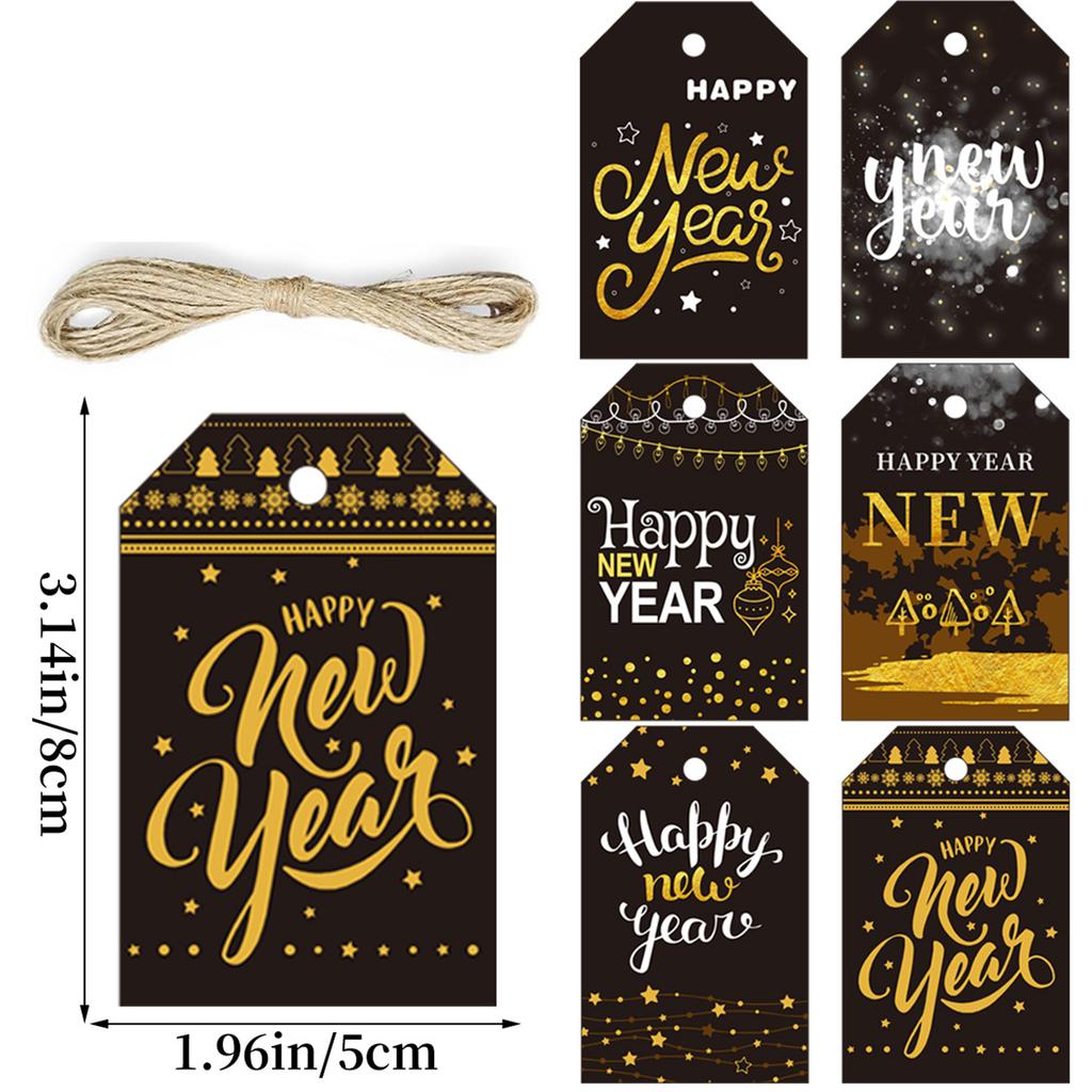 24pcs/set Happy New Year Labels DIY Black Gold Gift Wrapping Paper Hang Tags Paper Cards for New Year Party