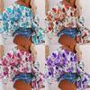 Women's Off The Shoulder Long Sleeve Top Slim Fit Vacation Floral Print Bell Sleeve Blouse