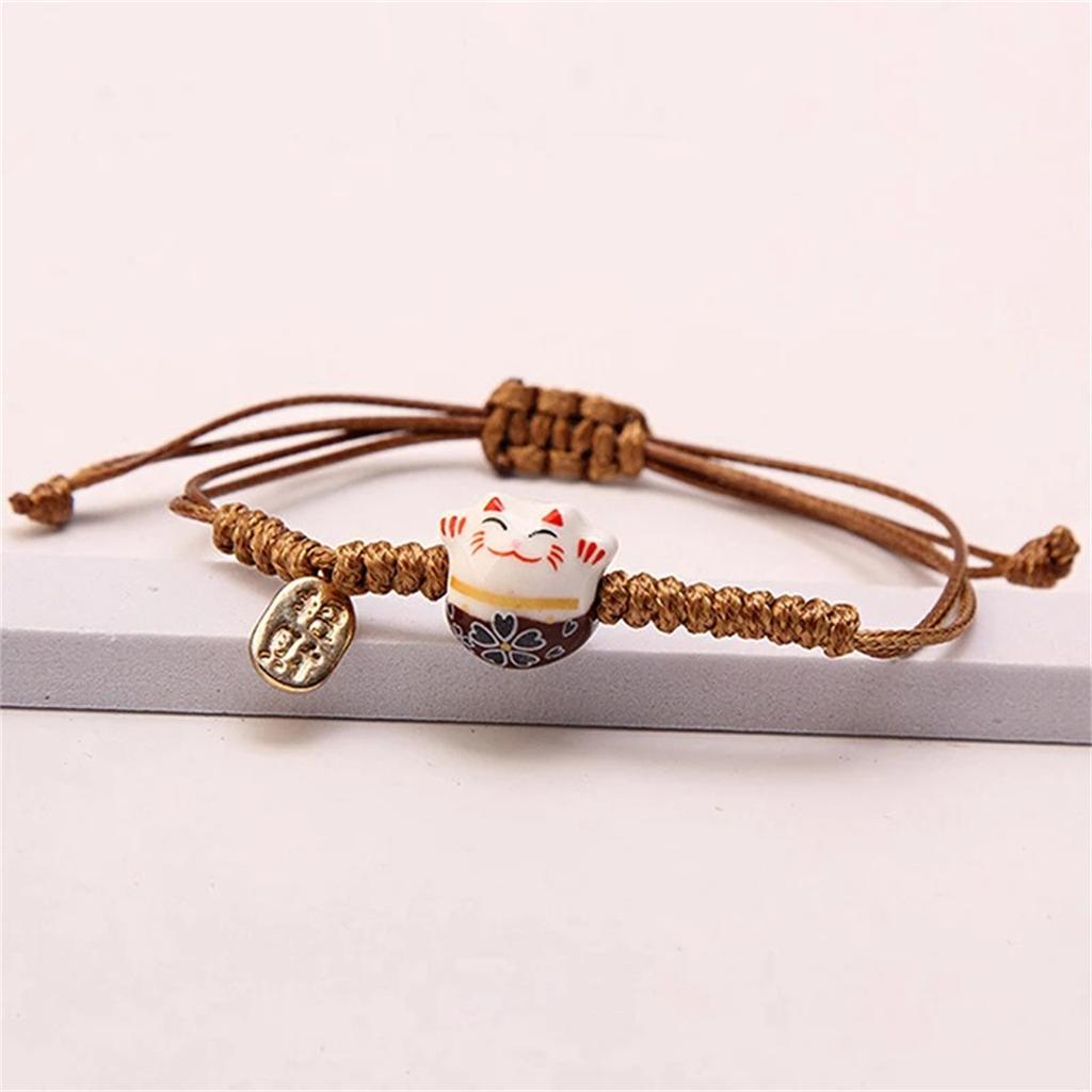 2026 Cartoon Simple Cute Ceramic Lucky Cat Bracelet Hand-woven Red Colors Rope Bangle Women Girls Jewelry Gift Bracelet