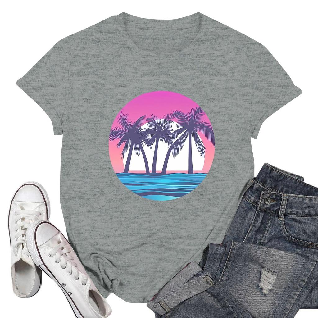 Women's Fashion Casual Printed Short Sleeve Round Neck Pullover Tops