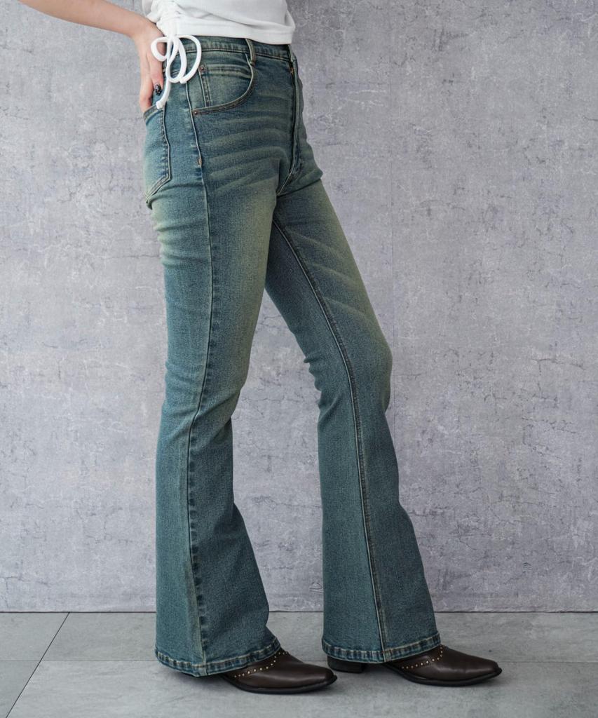 WEGO Stretch Denim Flare Medium Korean Autumn Clothes Women's Pants, Medium, Denim, Girly, Style,