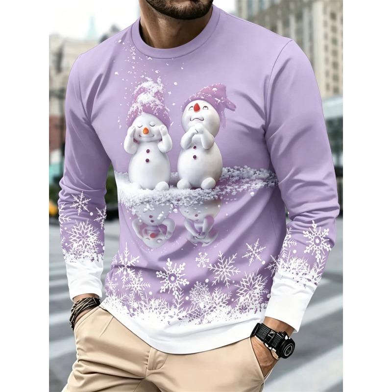 Men's Casual Long Sleeve T-Shirt Merry Christmas Snowman Print Tops Regular Fit O-Neck Vintage Snowflake Pullover