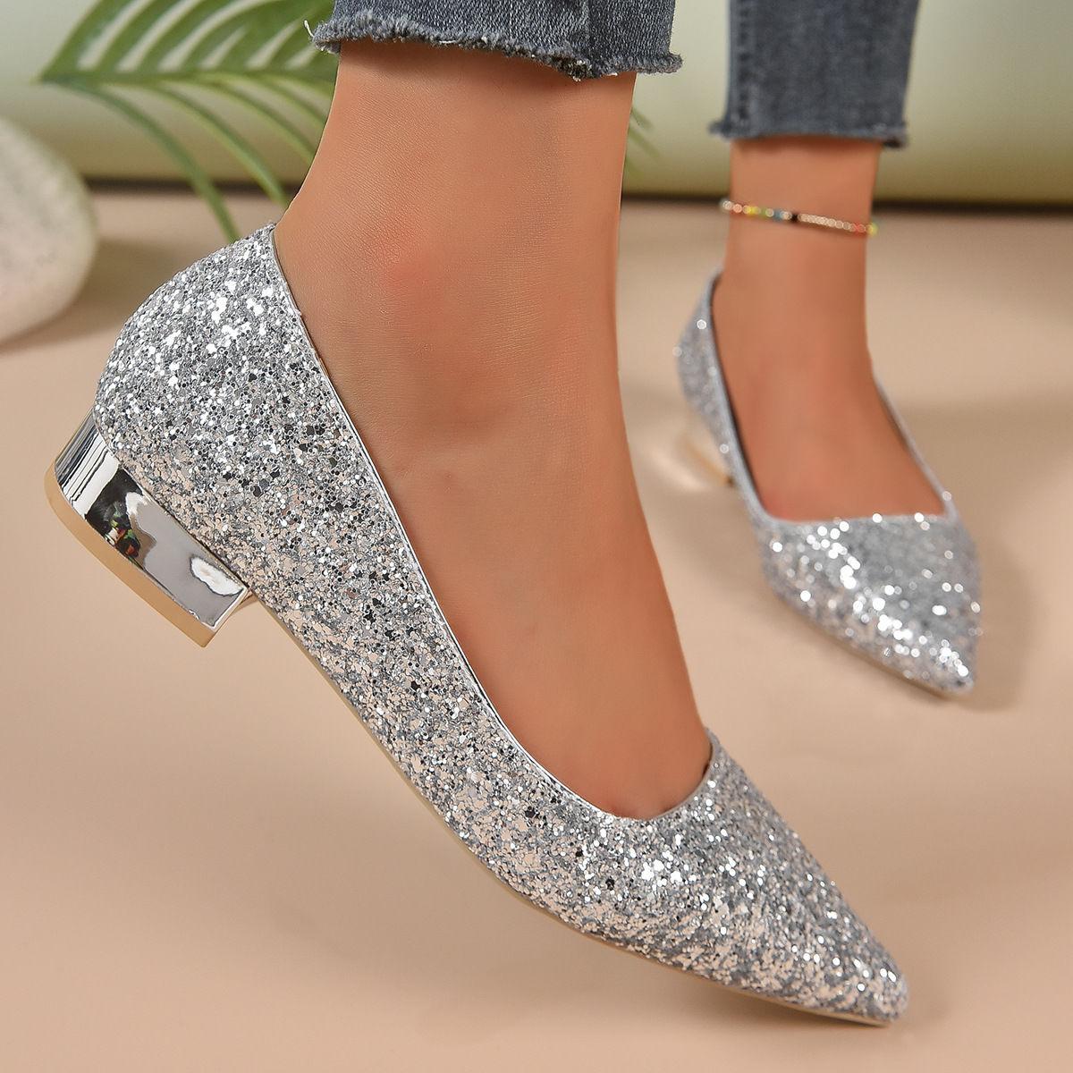 

Свадебные туфли большого размера женские летние новые корейская версия заостренный носок низкий каблук стразы мелкий вырез туфли Xiuhe свадебные туфли для подружек невесты 35 серебряный