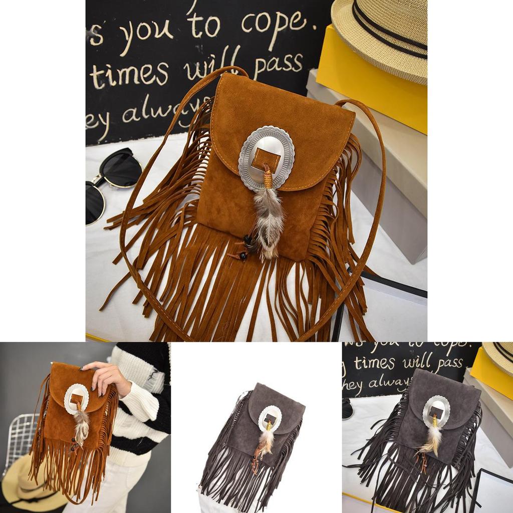 Bohemian Feather Tassel Shoulder Bag With Polyester Lining For Casual Outings