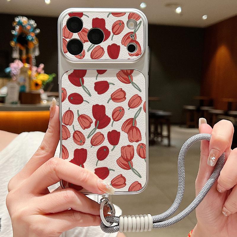 INS Floral Pattern Leather Lanyard Case For iPhone 18 Pro Max Hybrid TPU+PU Anti-skid Soft Cover For iPhone 17 16 15 14 13 Pro Max