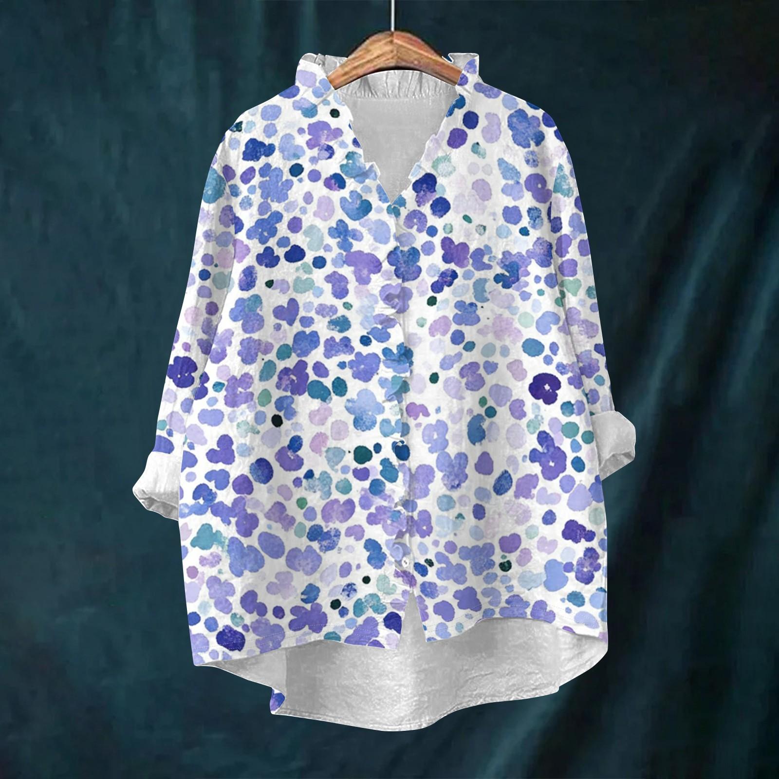 

Women s Loose Ruffled Retro Floral Print Stand Collar Long Sleeve Cotton And Linen Top L фиолетовый