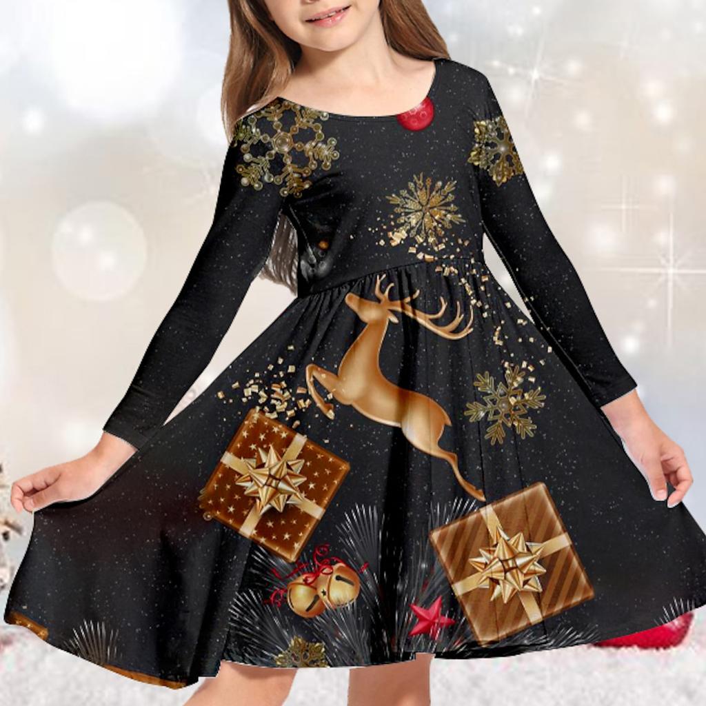 Autumn Girl Casual 3D Christmas Elk Print Round Neck Long Sleeve Dress Kid Princess Dress