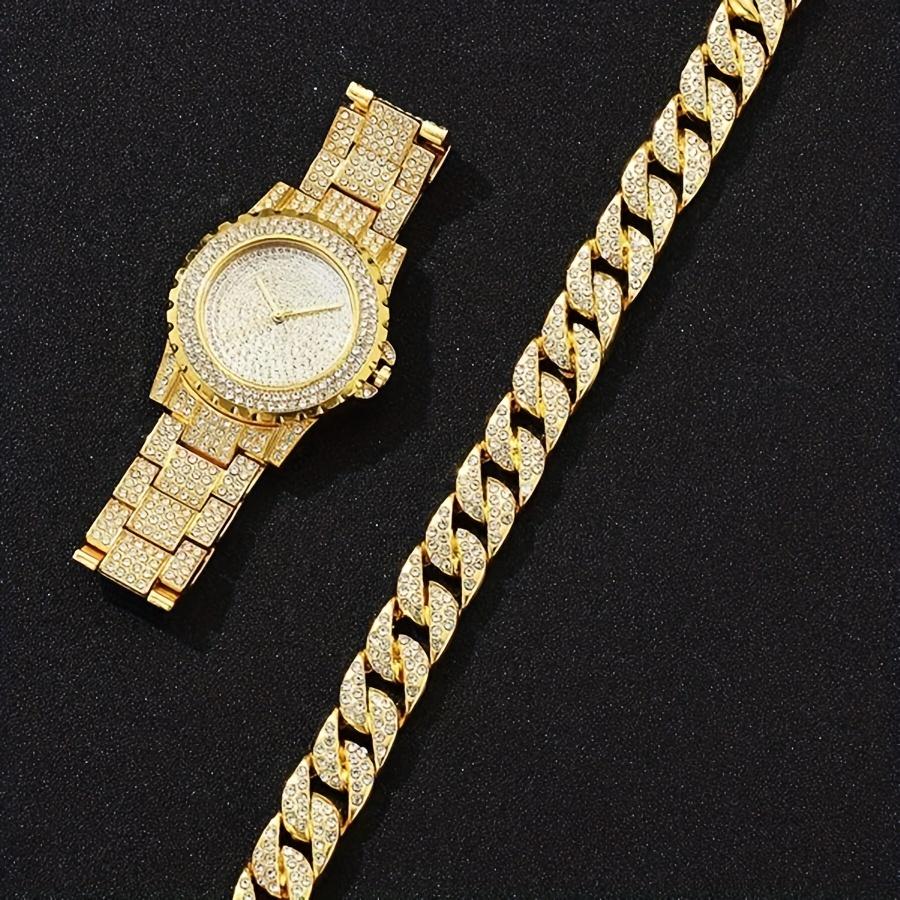 2PCS Luxury Women's Bracelet and Watch Set, Fashion Ladies Rhinestone Dial Quartz Wristwatch Elegant Female Bracelet Watches Set