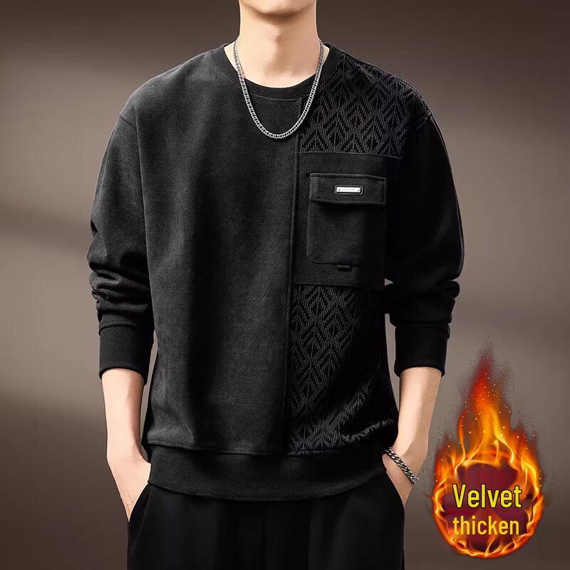 Men's American Retro Brushed Jacquard Patchwork Round Neck Sweatshirt