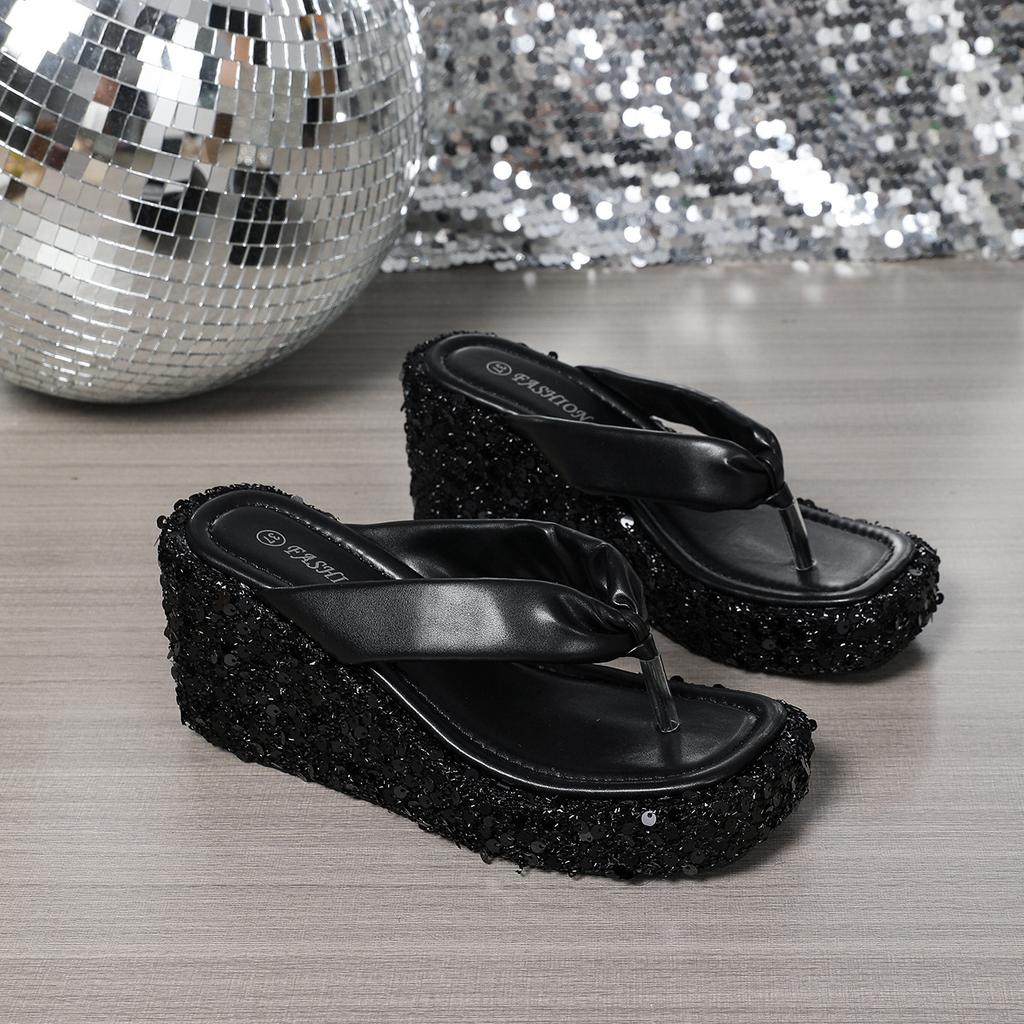 Fashion Women's Platform Sandals Flip Flops Slip-On Summer Thick Bottom High Heels Beach Slippers Sparkling Sequin Shoes Size 35 42