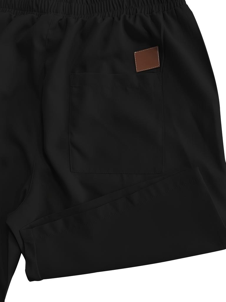 Men's Solid-color Suit Shorts with Leather Label Drawstring Casual Multi-pocket Capre Shorts