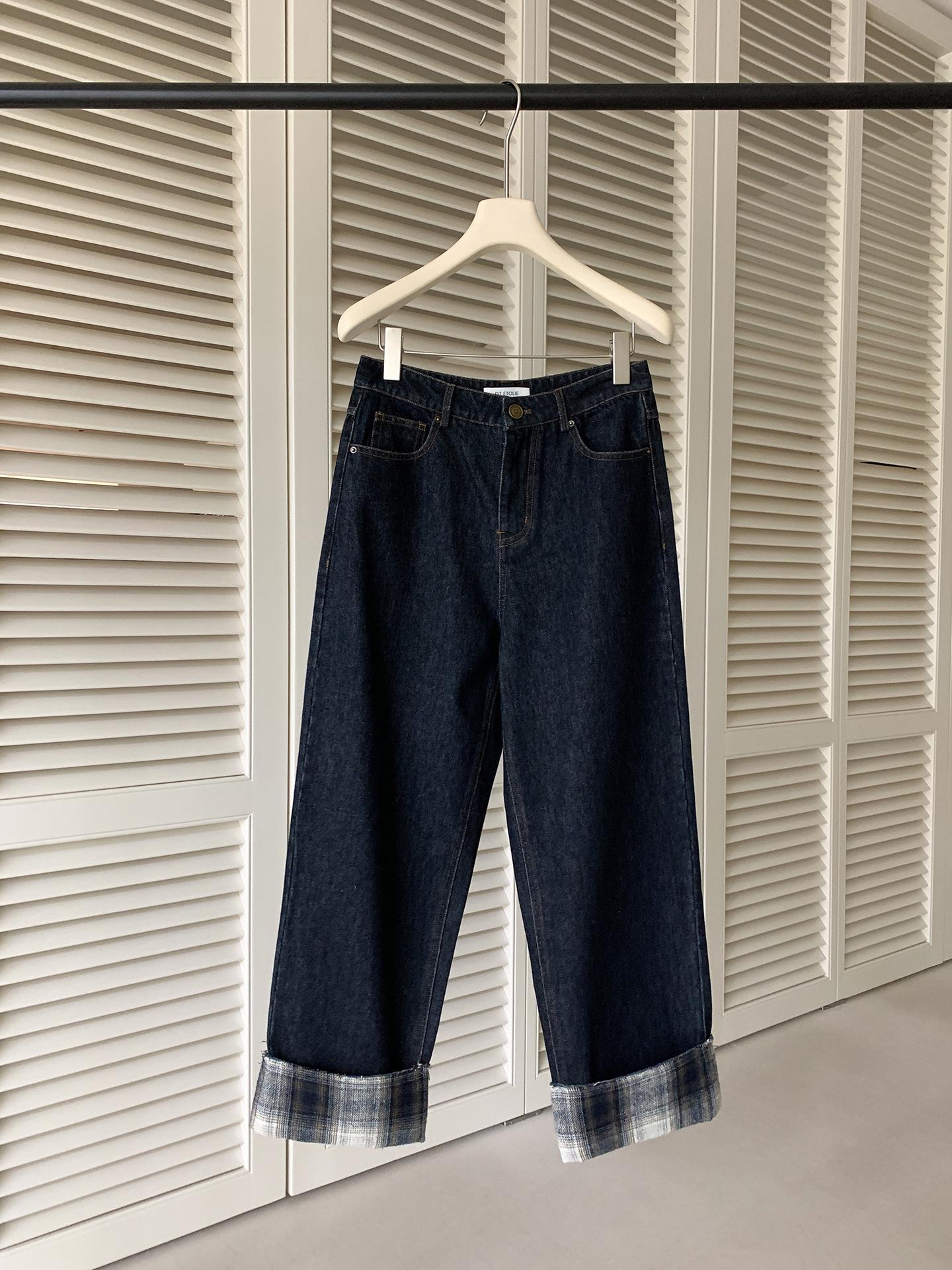 

Qiumeng DT Etolie Retro Plaid Color Block Straight Leg Jeans for Women - 2025 Versatile Casual Long Pants Small темно-синий
