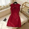 Women's Clothing European and American Style Red Bow Sleeveless Waist Dress Commuting Versatile and Simple Style