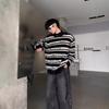 Niche Trendy Brand Black and White Striped Design Sweater for Men In Autumn and Winter Loose Soft and Waxy Lazy Style Round Neck Sweater