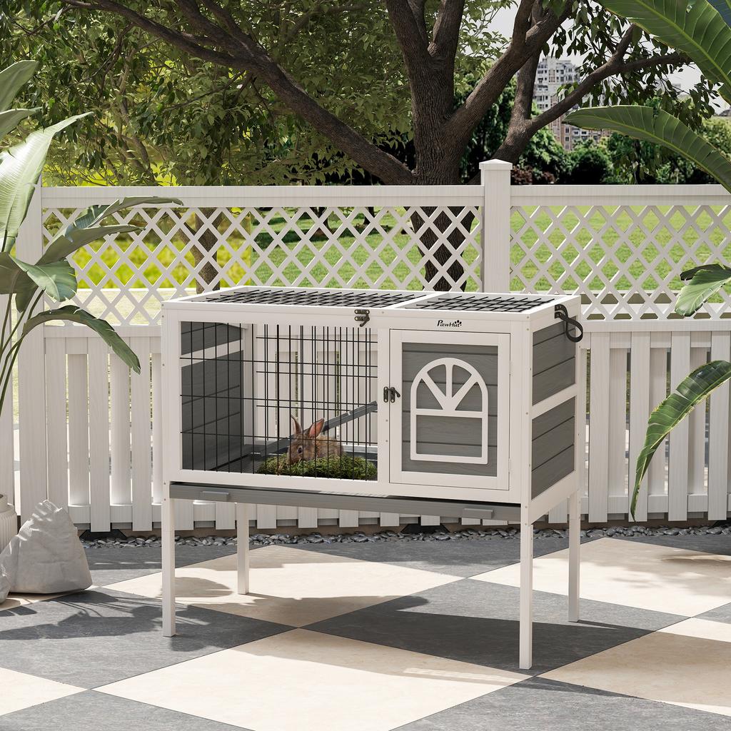 Wooden Rabbit Hutch, Guinea Pig Cage, with Removable Tray, Openable Roof, Grey