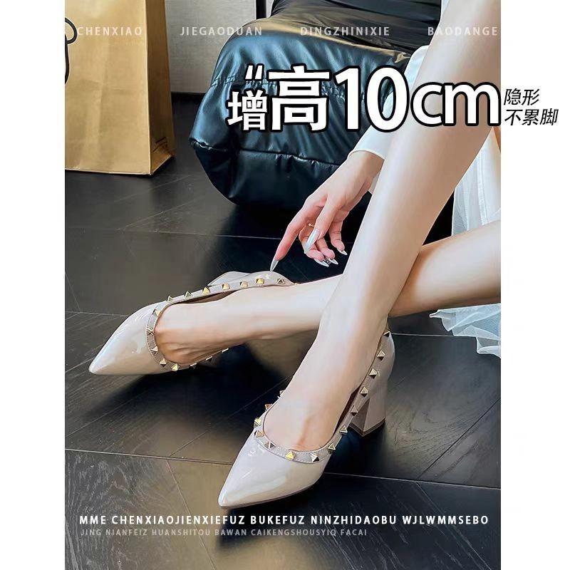 Fashion Inside Heightened Rivet 2025 Autumn New High Heels Shallow Block Heel Single Shoes for Women