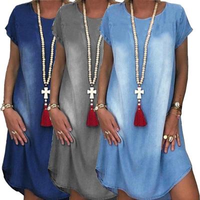 Women's Washed Denim Dress - Round Neck Short Sleeve Loose Fit Midi Dress, Retro Casual Mini Dress for Summer, Perfect Beach, or Daily Wear