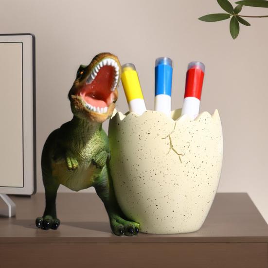 Dinosaur Pen Holder Resin Desk Ornament Cute Dino Toothbrush And Toothpaste Holder Makeup Brushes Organizer Fun Dinosaur Decoration