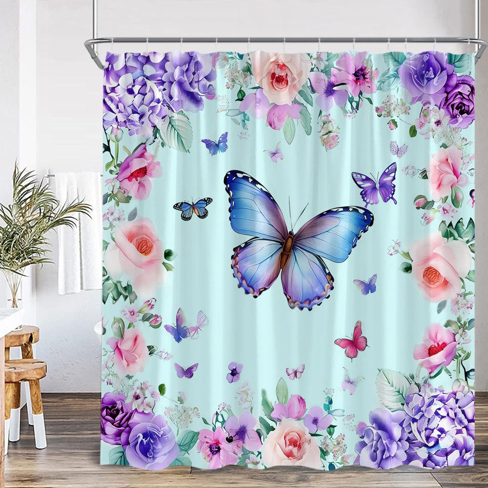 Butterfly Floral Shower Curtain Boho Flower Poppy Purple Blossom 3D Flowers Elegant Modern Bathroom Decor Polyester Bath Curtain