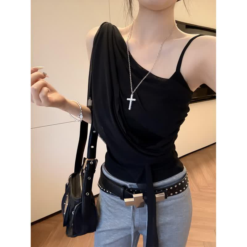 Zuose Women s Summer Irregular One-Shoulder Mesh Sleeveless Top L