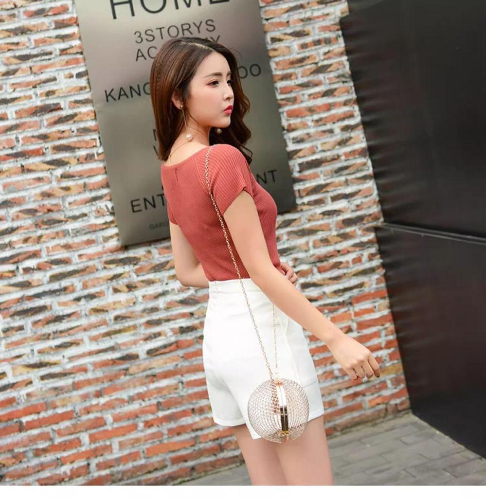 Camiseta de punto de manga corta y cuello redondo ajustada clásica de verano para mujer 2025