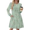 Women's Long Sleeve Pleated Round Neck Floral Print Casual Dress With Pockets