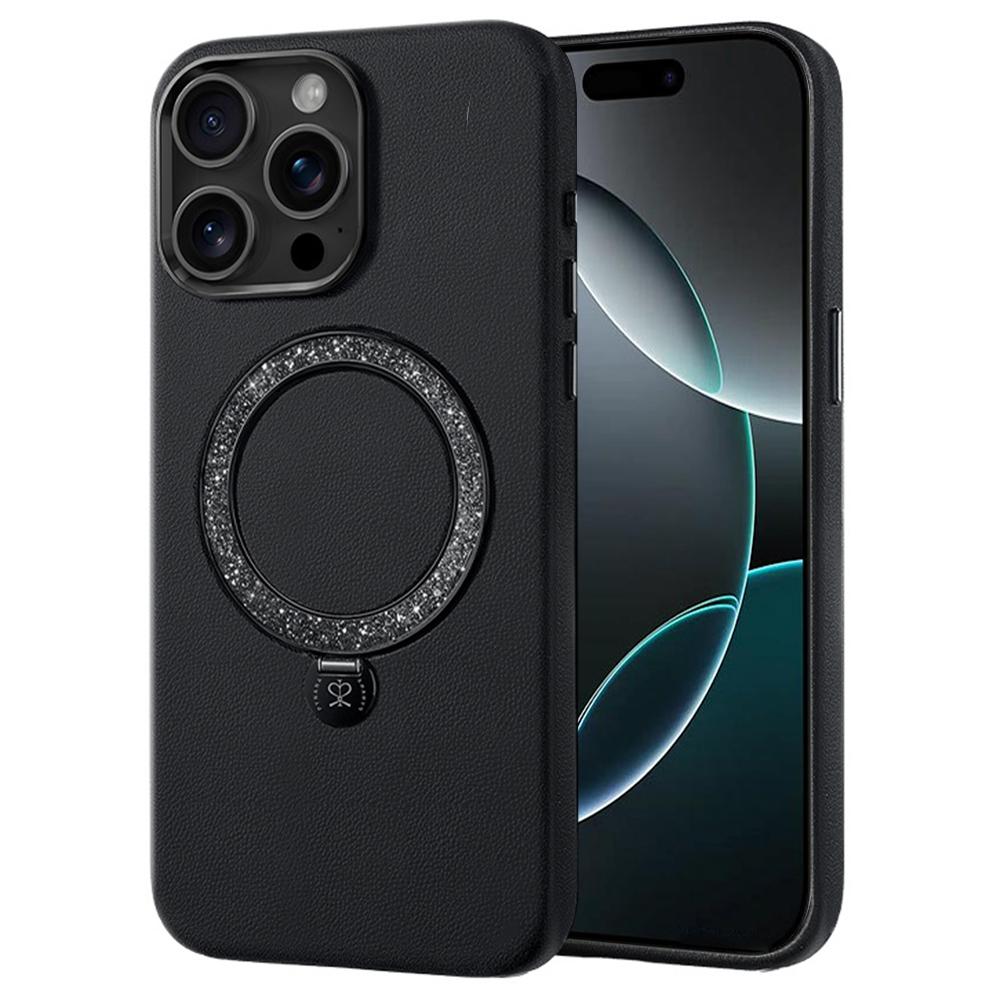 PYNANA PN-16L2 For iPhone 16 Pro Case Compatible with MagSafe Crystal Ring Kickstand PU Leather PC Cover