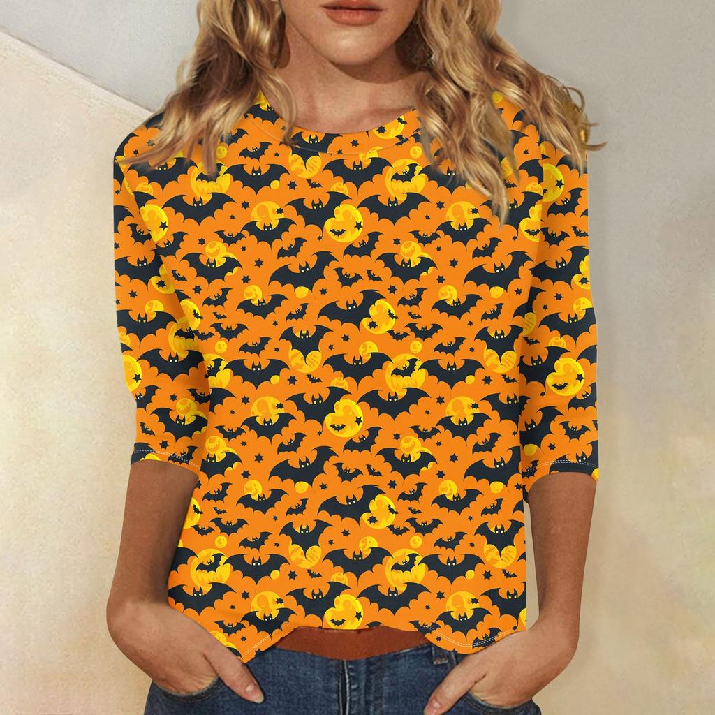 Women's Fashion Casual Three-quarter Sleeve Halloween Printed Round Neck Top
