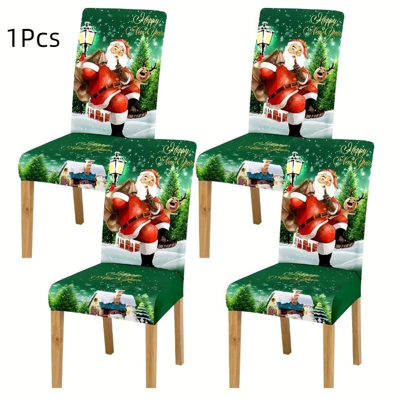 1Pcs Dining Chair Cover Santa Claus Pattern Stretchable Seat Protector For Holiday Party Decoration Holiday Table Setting