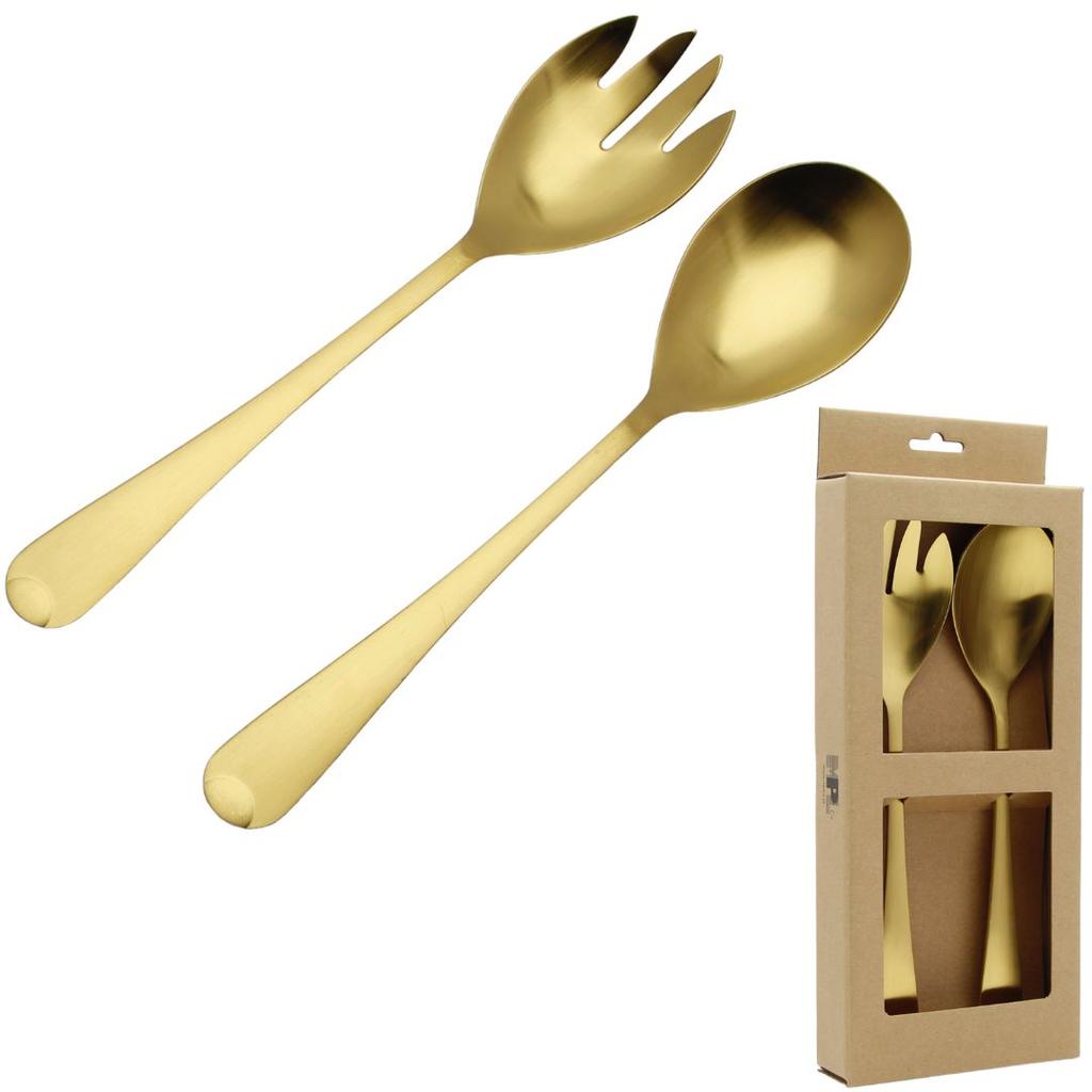 Spoon Long Cutlery For Salad Fork Spoon Set 2 Pieces Gold