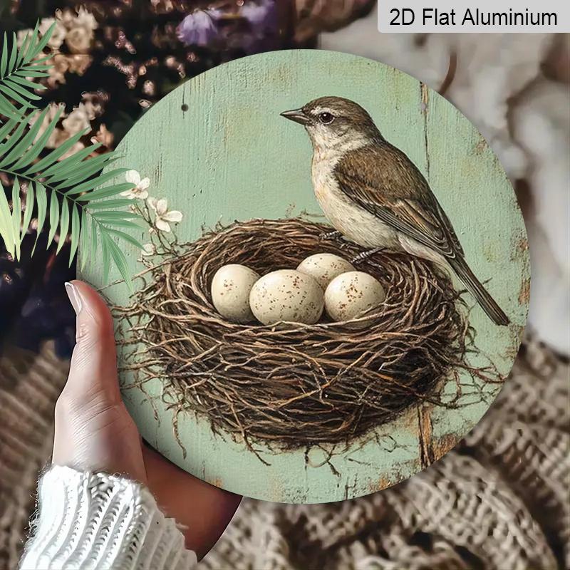 2D Flat Aluminum Retro Bird's Nest and Egg-Themed Wall Decor Rustic Style 7.87 Inches X 7.87 Inches Perfect for Homes, Studios, Cafes, Gardens, Front