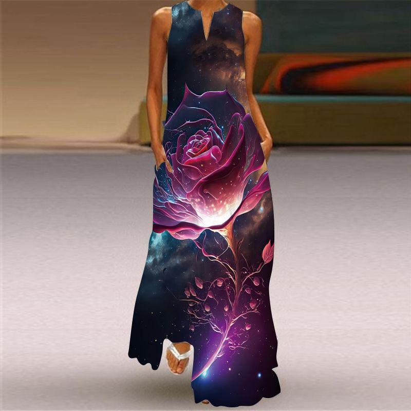 V Neck Sleeveless Dress 3D Print Fashion Elegant Pocket Dress Stage Show Travel Photography Beach Dress