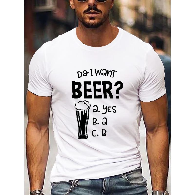 Men's Beer Print T-Shirt - Casual Short Sleeve Summer Tee , Round Neck Regular Fit for Outdoor Parties, BBQs & Casual Attire