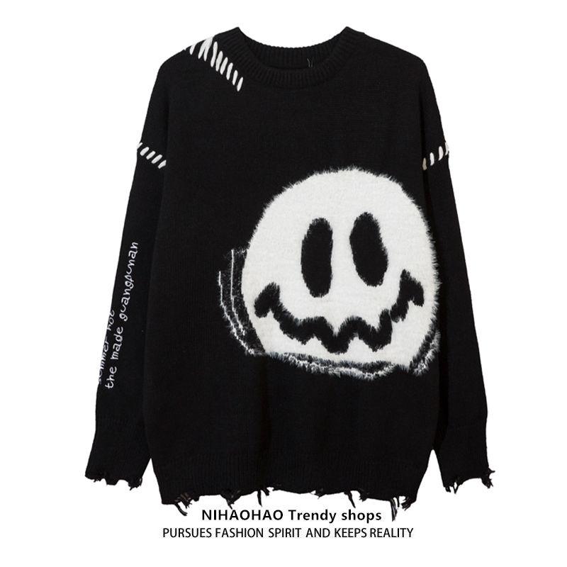 Punk Smiley Knitted Sweater Autumn Oversize Loose Men's Jumper Casual Hip Hop Street Long Sleeve Pullover
