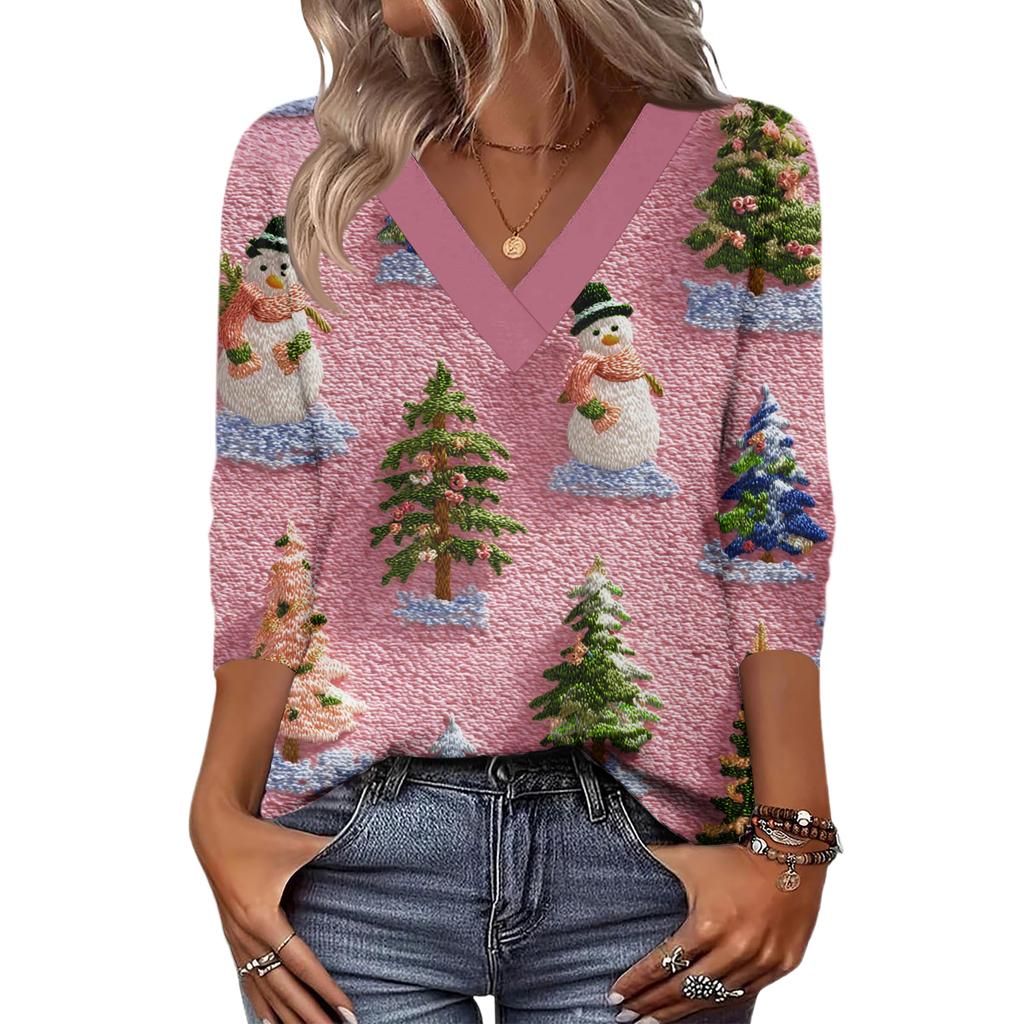 Women's Loose Comfortable Casual Fashion V-Neck Christmas Print 3/4 Sleeve Top