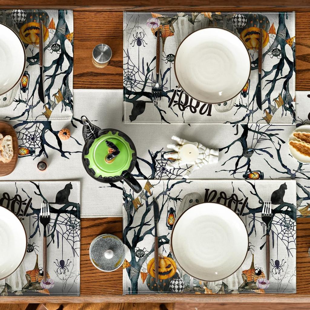 Ghost Pumpkins Tree Dog Boo Halloween Placemats Set of 6, 12x18 Inch Seasonal Fall Holiday Table Mats for Party Kitchen Dining Decoration