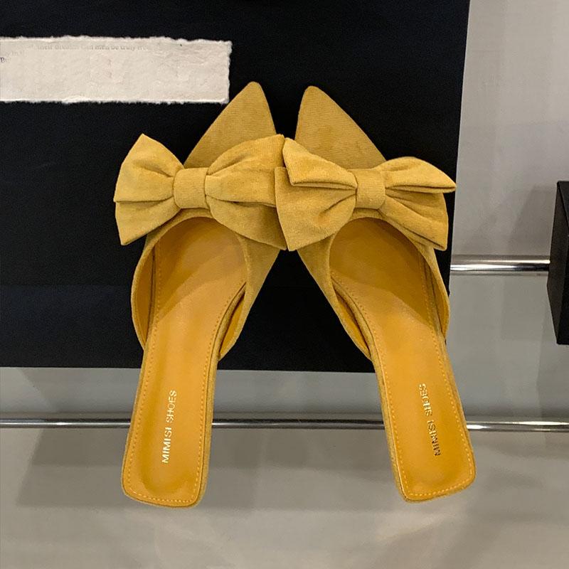 Fashion Fashion Butterfly-Knot Women Low Heel Slippers Shoes Female Slides Sandals Pointed Toe Footwear Ladies Heeled Slippers Shoes