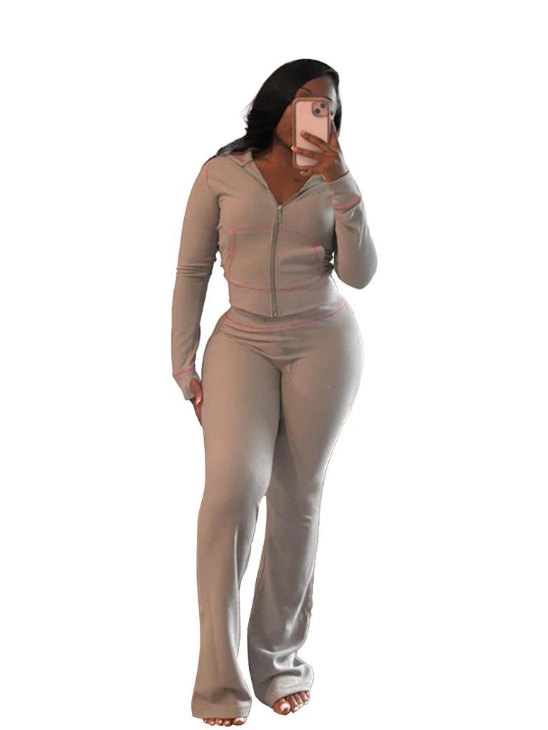 HR24058 Women's Hooded Waffle Texture Raglan Sleeve Flared Casual Set