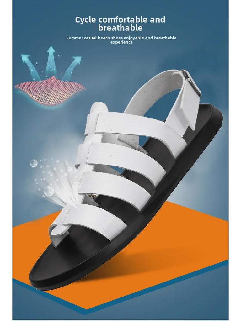 2024 Men's White Leather Open Toe Sandals: Trendy, Breathable, Non-Slip, Rivet Design, Summer Youth Style