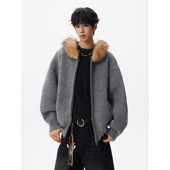 

American Retro 2025 Knit Cardigan: Fur Collar, Zipper, Solid Color, Hooded Sweatshirt M чорний