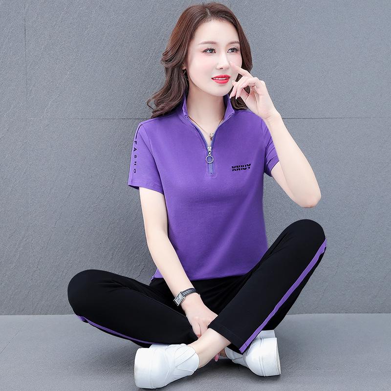 

Женский повседневный хлопковый беговой костюм с воротником-стойкой и коротким рукавом — лето 2022 г. 2XL фиолетовый