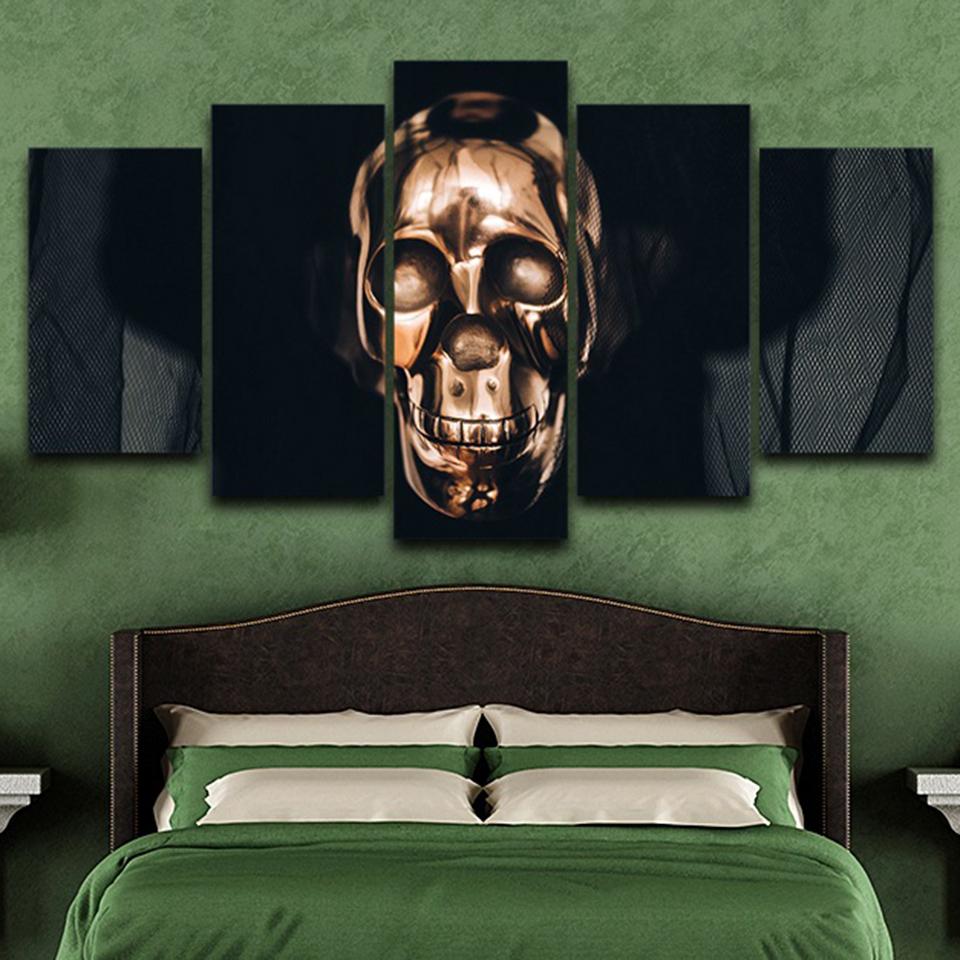 

HD Печатный Холст Абстрактные Плакаты Домашний Декор 5 Панелей Металлический Череп Картины Модульные Настенные Картины Для Гостиной Без Рамки
