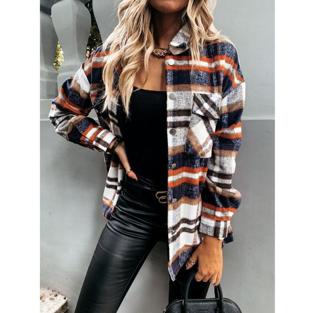 

Women Fashion Long-sleeved Lapel Shirt At All Season Loose Casual Retro Plaid Long-sleeved Shirt Jacket S помаранчевий
