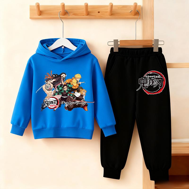 Felpa con Cappuccio e Pantaloni Anime Demon Slayer Set per Bambini Felpa con Cappuccio Giacca Pantaloni Set Ragazzi Ragazze Top Pullover Autunnale Abbigliamento Regalo