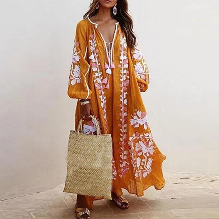 Fashion Casual Bohemian Long Sleeve V Neck Dress Women Long Dresses
