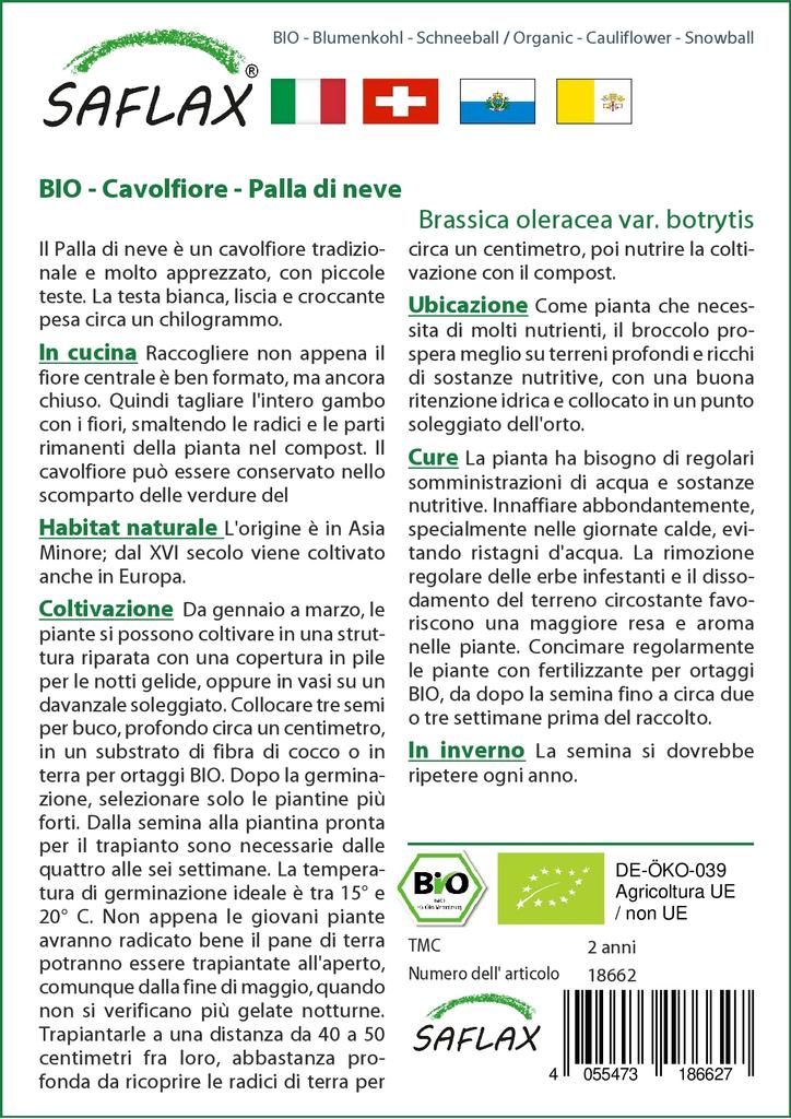 SAFLAX Garden In the Bag - Organic - Cauliflower - Snowball - 70 Seeds - With Substrate In a Fitting Stand Up Bag - Brassica Oleracea