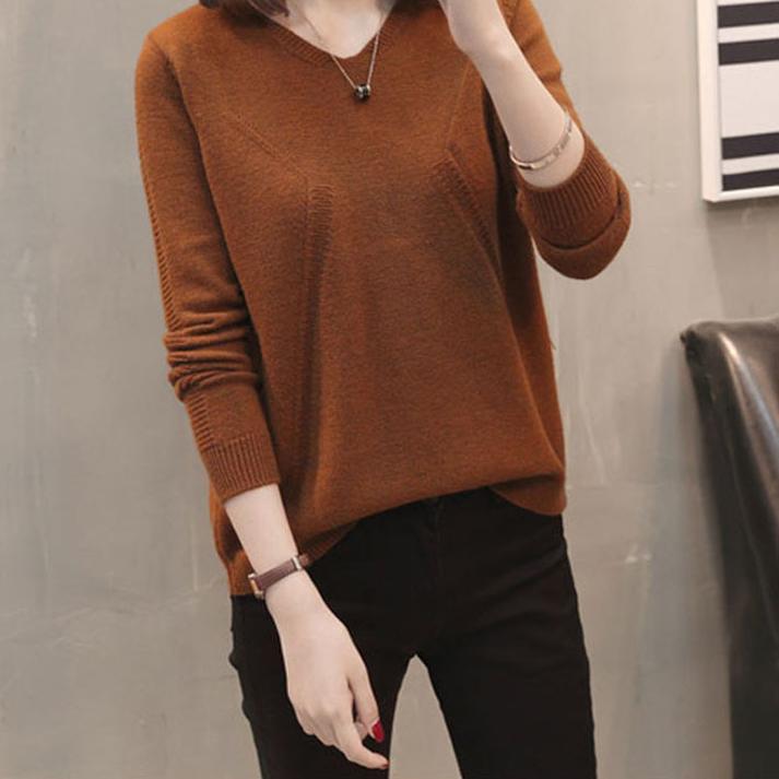 V-neck pullover sweater women's back butto stylish slimming knitted sweater solid color base outerwear Sweaters women’s