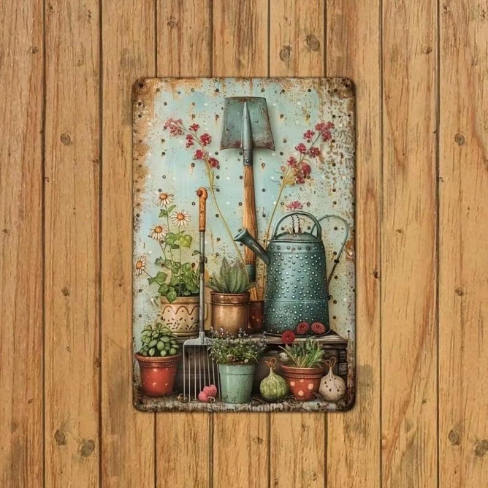 Vintage Metal Wall Art, Garden Tool Flower Pot Decor for Living Room Kitchen Home Indoor Outdoor